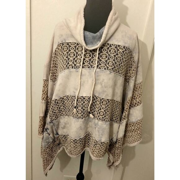 Boho Lace Crochet Striped Poncho Shirt Free People XS Cream And Blue Wash Hippie - Picture 1 of 10